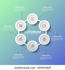 Ring-like chart with 6 round elements connected by line, linear symbols and text boxes. Concept of six features of income growth process. Minimalistic infographic design layout. Vector illustration.