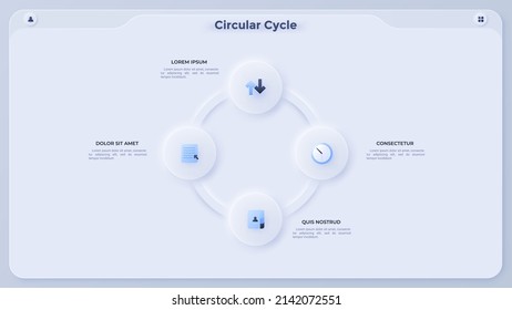 Ring-like chart with four paper white circular elements. Concept of 4 steps of business cycle. Simple flat infographic template. Modern vector illustration for presentation, data visualization.