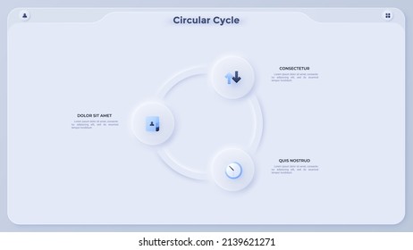 Ring-like chart with three paper white circular elements. Concept of 3 steps of business cycle. Simple flat infographic template. Modern vector illustration for presentation, data visualization.