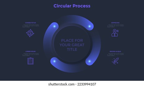 Ring-like cyclic chart with four gradient elements. Concept of 4 steps to startup project launch. Dark neon infographic design template. Modern vector illustration for business data visualization. svg