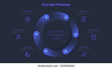 Ring-like cyclic chart with six gradient elements. Concept of 6 steps to startup project launch. Dark neon infographic design template. Modern vector illustration for business data visualization. svg