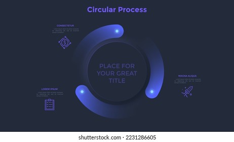 Gráfico cíclico tipo anillo con tres elementos gradientes. Concepto de 3 pasos para iniciar el lanzamiento del proyecto. Plantilla de diseño infográfico de neón oscuro. Ilustración vectorial moderna para la visualización de datos empresariales.