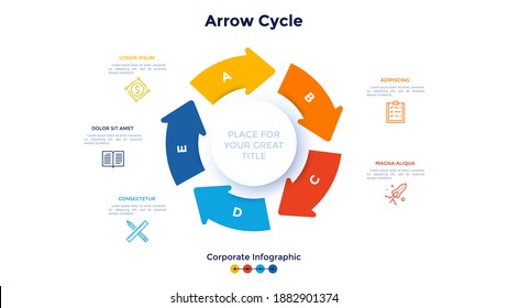 Ring-like cyclic diagram with five colorful arrows. Concept of 5 steps of closed production cycle. Corporate infographic design template. Minimal flat vector illustration for business analysis.