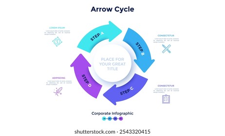 Ring-like cyclic diagram with four colorful arrows. Concept of 4 steps of closed production cycle. Corporate infographic design template. Minimal flat vector illustration for business analysis.