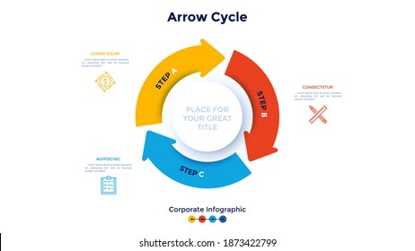 Ring-like cyclic diagram with three colorful arrows. Concept of 3 steps of closed production cycle. Corporate infographic design template. Minimal flat vector illustration for business analysis.