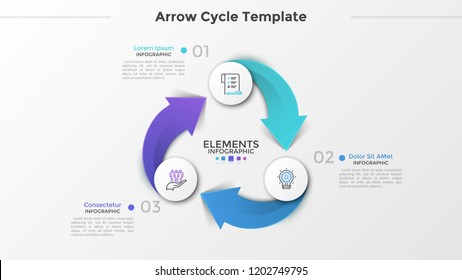 Ring-like diagram with 3 paper white round elements, linear symbols, numbers and text boxes connected by arrows. Three-stepped cyclical business process. Infographic design layout. Vector illustration