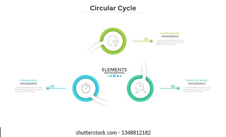 Ring-like diagram with 3 round paper white elements. Concept of cyclical business process with three steps. Clean infographic design template. Modern vector illustration for presentation.