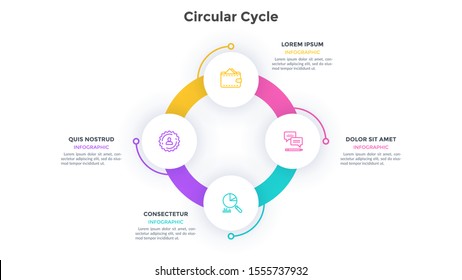 Ring-like diagram with 4 circular elements. Concept of four stages of business cycle. Flat infographic design template. Simple vector illustration for presentation, cyclic process visualization.