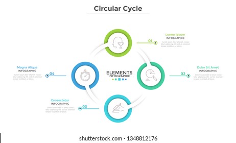 Ring-like diagram with 4 round paper white elements. Concept of cyclical business process with four steps. Clean infographic design template. Modern vector illustration for presentation.