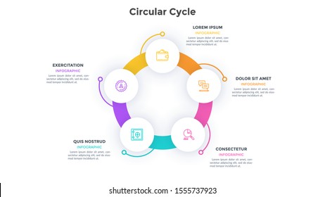 Ring-like diagram with 5 circular elements. Concept of five stages of business cycle. Flat infographic design template. Simple vector illustration for presentation, cyclic process visualization.