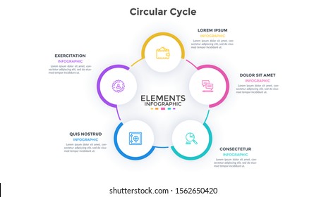 Ring-like diagram with 5 circular elements. Concept of five stages of business cycle. Flat infographic design template. Simple vector illustration for presentation, cyclic process visualization.