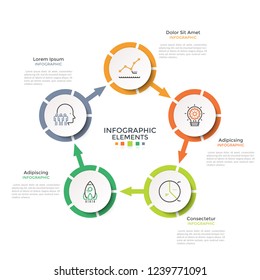Ring-like diagram with 5 paper white circular elements connected by arrows. Modern infographic design template. Vector illustration for production cycle steps visualization, cyclical process chart.