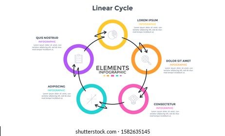 Ring-like diagram with 5 round elements connected by arrows twined around. Concept of five stages of cyclic business process. Simple infographic design template. Vector illustration for presentation.