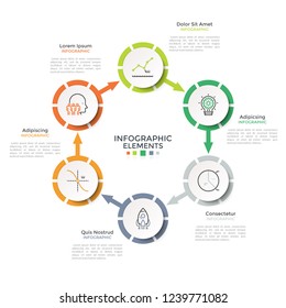 Ring-like diagram with 6 paper white circular elements connected by arrows. Modern infographic design template. Vector illustration for production cycle steps visualization, cyclical process chart.