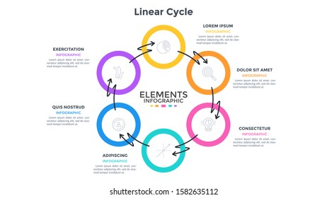 Ring-like diagram with 6 round elements connected by arrows twined around. Concept of six stages of cyclic business process. Simple infographic design template. Vector illustration for presentation.