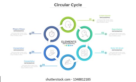 Ring-like diagram with 6 round paper white elements. Concept of cyclical business process with six steps. Clean infographic design template. Modern vector illustration for presentation.