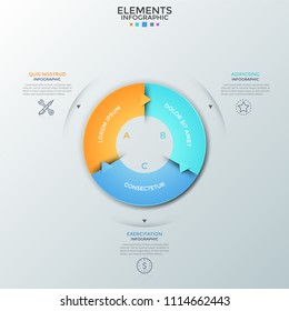 Ring-like diagram divided into 3 colorful parts with arrows, thin line symbols and place for text. Concept of cyclic business process visualization. Infographic design template. Vector illustration.