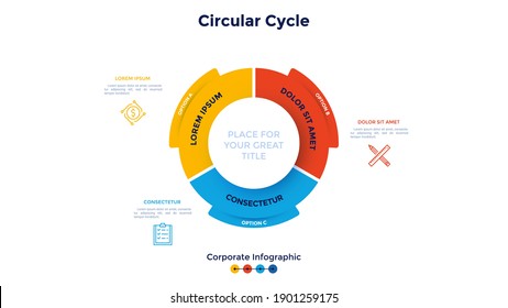Ring-like diagram divided into 3 colorful sectors. Concept of three stages of production cycle of company. Corporate infographic design template. Modern flat vector illustration for business analysis.