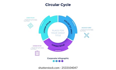 Diagrama em forma de anel dividido em 3 setores coloridos. Conceito de três fases do ciclo de produção da empresa. Modelo de design de infográfico corporativo. Ilustração vetorial plana moderna para análise de negócios.