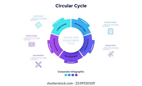 Diagrama em forma de anel dividido em 5 setores coloridos. Conceito de cinco fases do ciclo de produção da empresa. Modelo de design de infográfico corporativo. Ilustração vetorial plana moderna para análise de negócios.