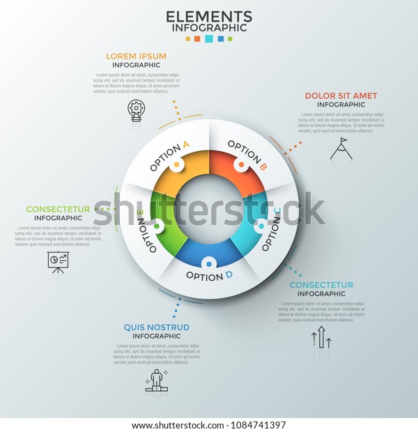 Ring-like diagram divided into 5 equal parts,\
thin line pictograms and text boxes. Concept of 5 steps of cyclic\
process. Modern infographic design layout. Vector illustration for\
website, report.