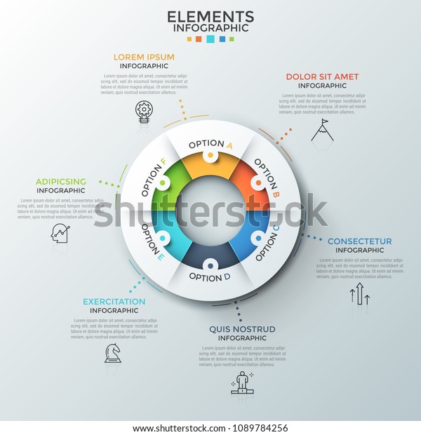 Ring-like diagram divided into 6 equal parts,\
thin line pictograms and text boxes. Concept of six steps of cyclic\
process. Modern infographic design layout. Vector illustration for\
website, report.