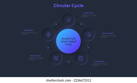 Ring-like diagram with five circular elements. Concept of 5 steps of cyclic business process. Realistic dark neon infographic design template. Modern vector illustration for company data analysis.