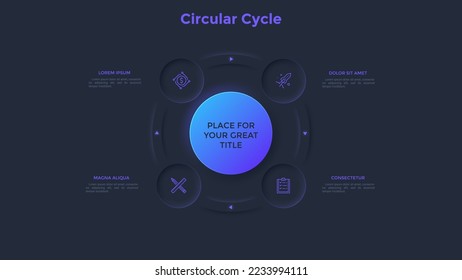 Diagrama de anillo con cuatro elementos circulares. Concepto de 4 etapas de proceso de negocios cíclico. Plantilla de diseño de neón oscuro realista. Ilustración vectorial moderna para el análisis de datos de la empresa.