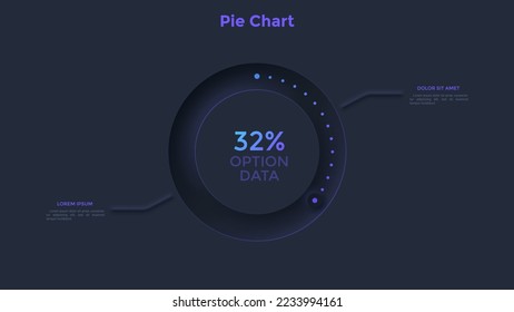 Ring-like diagram with percentage progress indication. Concept of production process completion. Dark neon infographic design template. Modern vector illustration for business data visualization.