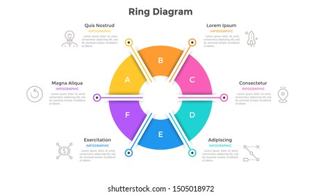 Ring-like pie chart divided into 6 colorful sectors. Concept of six options of company management. Simple infographic design template. Vector illustration for business information visualization.