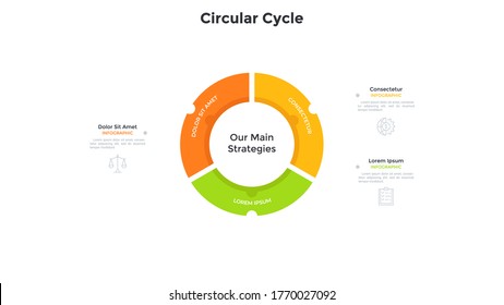 Ring-like pie diagram divided into 3 colorful parts. Concept of business development cycle with three stages. Modern infographic design template. Minimal flat vector illustration for presentation.