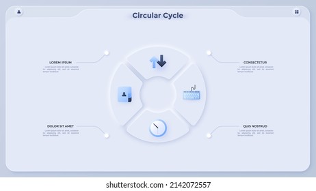 Diagrama de la tarta tipo anillo dividido en cuatro sectores. Concepto de 4 partes del proceso de trabajo cíclico, ciclo de producción. Simple plantilla de infografía plana. Ilustración vectorial moderna para la visualización de datos.