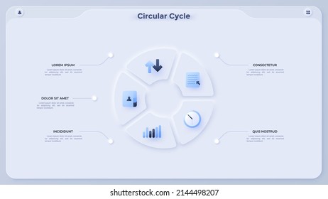 Ring-like pie diagram divided into five sectors. Concept of 5 parts of cyclic work process, production cycle. Simple flat infographic template. Modern vector illustration for data visualization.