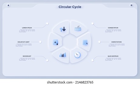 Diagrama de la tarta tipo anillo dividido en seis sectores. Concepto de 6 partes del proceso de trabajo cíclico, ciclo de producción. Simple plantilla de infografía plana. Ilustración vectorial moderna para la visualización de datos.