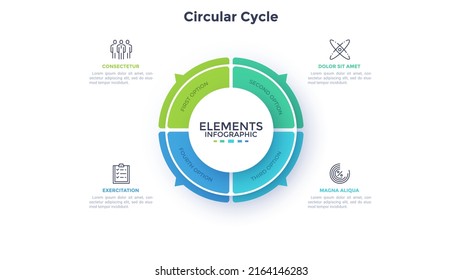 Ring-like pie diagram divided into four sectors with pointers. Concept of 4 features of startup project. Simple flat infographic template. Modern vector illustration for data visualization report.