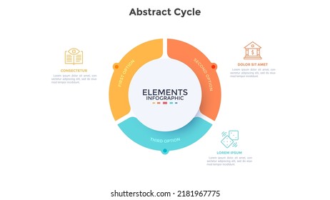 Ring-like pie diagram divided into 3 pieces. Concept of three parts of startup project development process. Simple infographic design template. Modern flat vector illustration for data visualization.