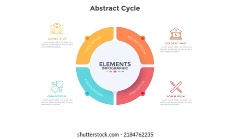 Ring-like pie diagram divided into 4 pieces. Concept of four parts of startup project development process. Simple infographic design template. Modern flat vector illustration for data visualization.