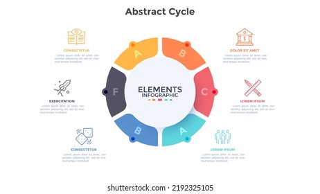 Ring-like pie diagram divided into 6 pieces. Concept of six parts of startup project development process. Simple infographic design template. Modern flat vector illustration for data visualization.