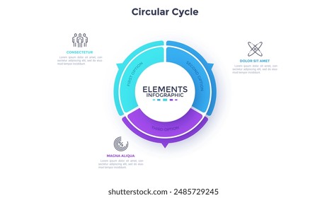 Diagrama circular con forma de anillo dividido en tres sectores con punteros. Concepto de 3 características del proyecto de inicio. Simple Plantilla infográfica plana. Ilustración vectorial moderna para el informe de visualización de datos.