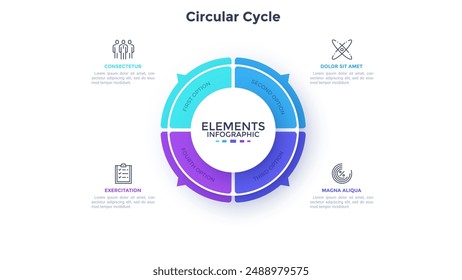 Ring-like pie diagram divided into four sectors with pointers. Concept of 4 features of startup project. Simple flat infographic template. Modern vector illustration for data visualization report.