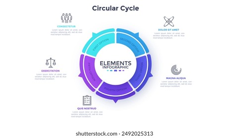 Ring-like pie diagram divided into five sectors with pointers. Concept of 5 features of startup project. Simple flat infographic template. Modern vector illustration for data visualization report.