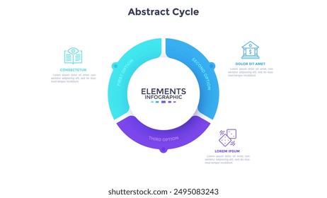 Diagrama circular con forma de anillo dividido en 3 partes. Concepto de tres partes del proceso de desarrollo del proyecto inicial. Simple Plantilla de diseño de infografía. Ilustración vectorial plana moderna para visualización de datos.