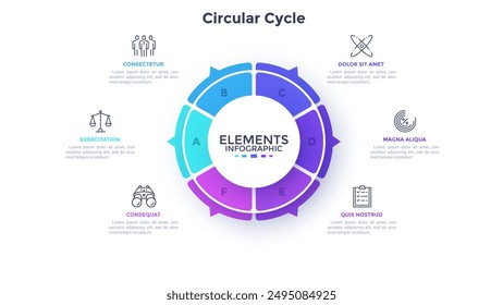 Ring-like pie diagram divided into six sectors with pointers. Concept of 6 features of startup project. Simple flat infographic template. Modern vector illustration for data visualization report.