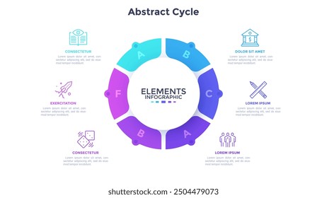 Ring-like pie diagram divided into 6 pieces. Concept of six parts of startup project development process. Simple infographic design template. Modern flat vector illustration for data visualization.