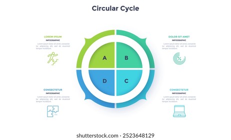 Diagrama de pizza semelhante a um anel dividido em quatro setores com ponteiros. Conceito de r recursos do projeto de inicialização. Modelo simples de infográfico plano. Ilustração vetorial moderna para relatório de visualização de dados.