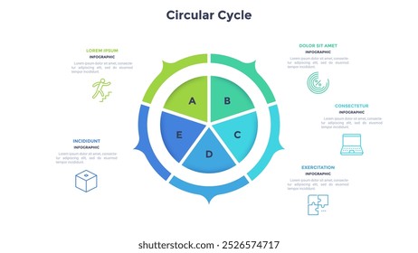 Diagrama de pizza semelhante a um anel dividido em cinco setores com ponteiros. Conceito de 5 recursos do projeto de inicialização. Modelo simples de infográfico plano. Ilustração vetorial moderna para relatório de visualização de dados.