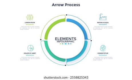 Ring-like pie diagram divided into four sectors with pointers. Concept of 4 features of startup project. Simple flat infographic template. Modern vector illustration for data visualization report.