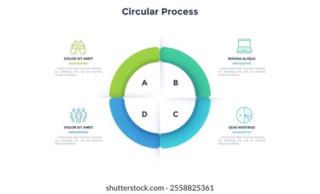 Ring-like pie diagram divided into four sectors with pointers. Concept of 4 features of startup project. Simple flat infographic template. Modern vector illustration for data visualization report.