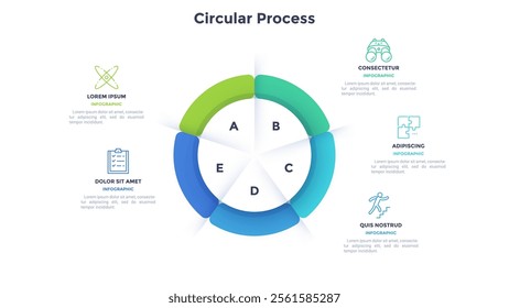 Ring-like pie diagram divided into five sectors with pointers. Concept of 5 features of startup project. Simple flat infographic template. Modern vector illustration for data visualization report.