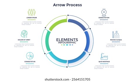 Ring-like pie diagram divided into six sectors with pointers. Concept of 6 features of startup project. Simple flat infographic template. Modern vector illustration for data visualization report.